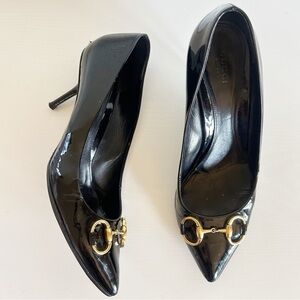 Gucci Black Patent Leather Horsebit Pointed Toe Heels Size EU 40